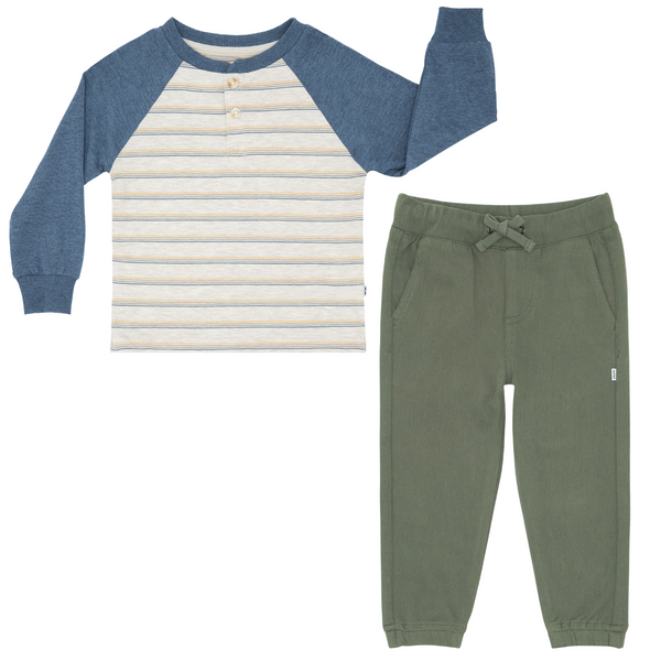 Vintage Navy Heather Stripe Raglan Henley Tee and Olive Denim Jogger