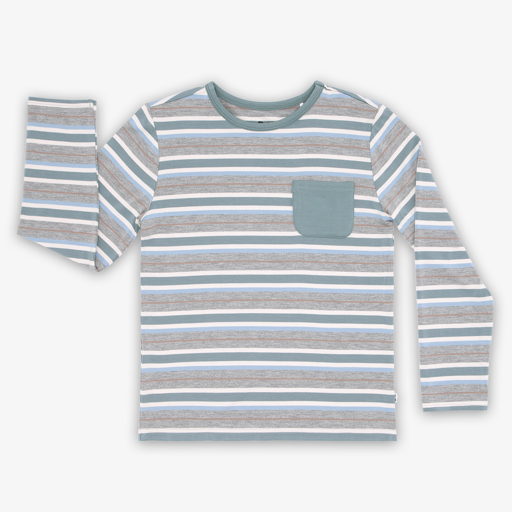 Flat lay image of the Vintage Teal Stripe Long Sleeve Pocket Tee