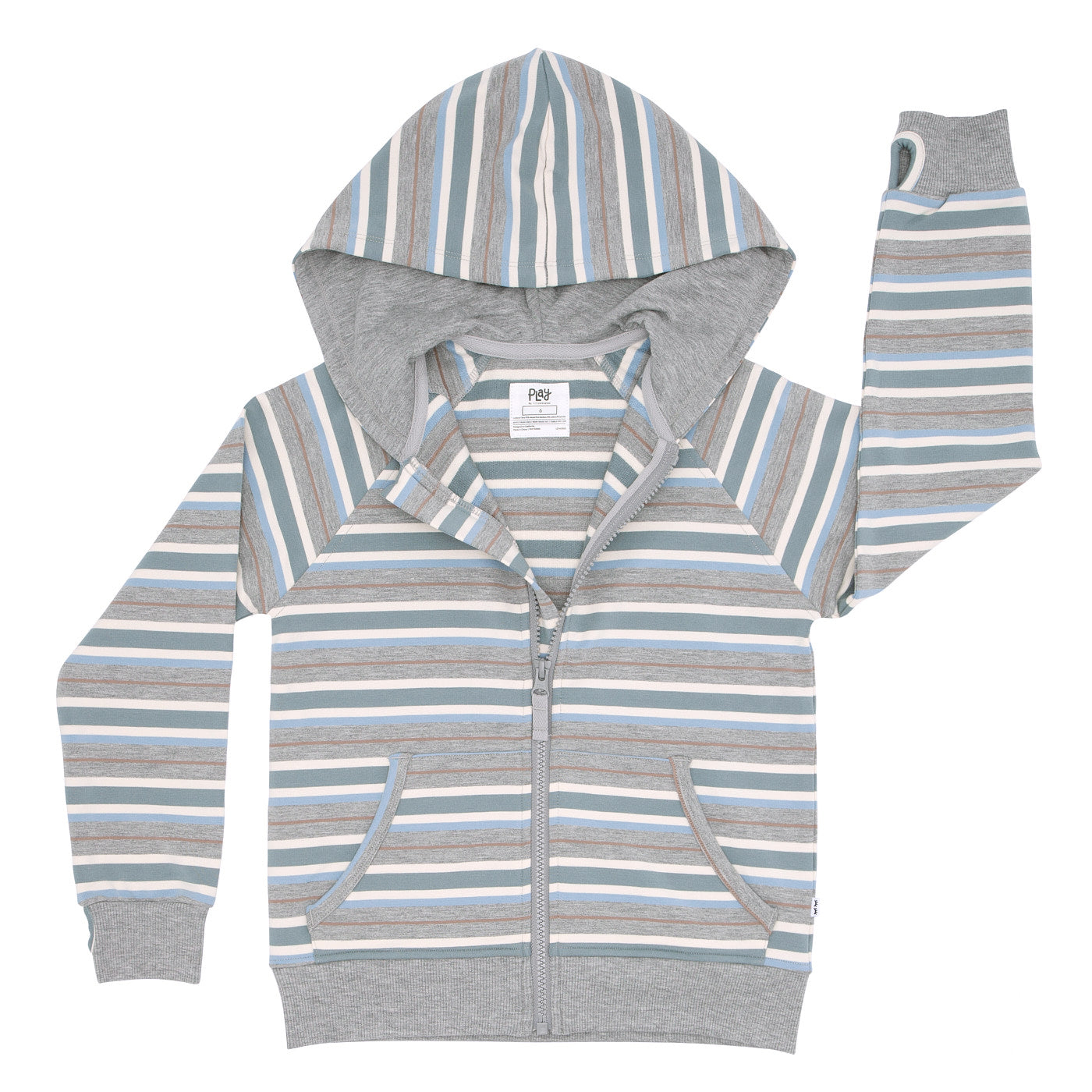 Flat lay image of a Vintage Teal Stripes zip hoodie with the zipper partially unzipped
