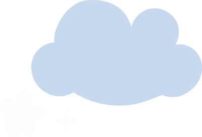 Illustration of a white star and white flower below and to the left of a blue cloud.