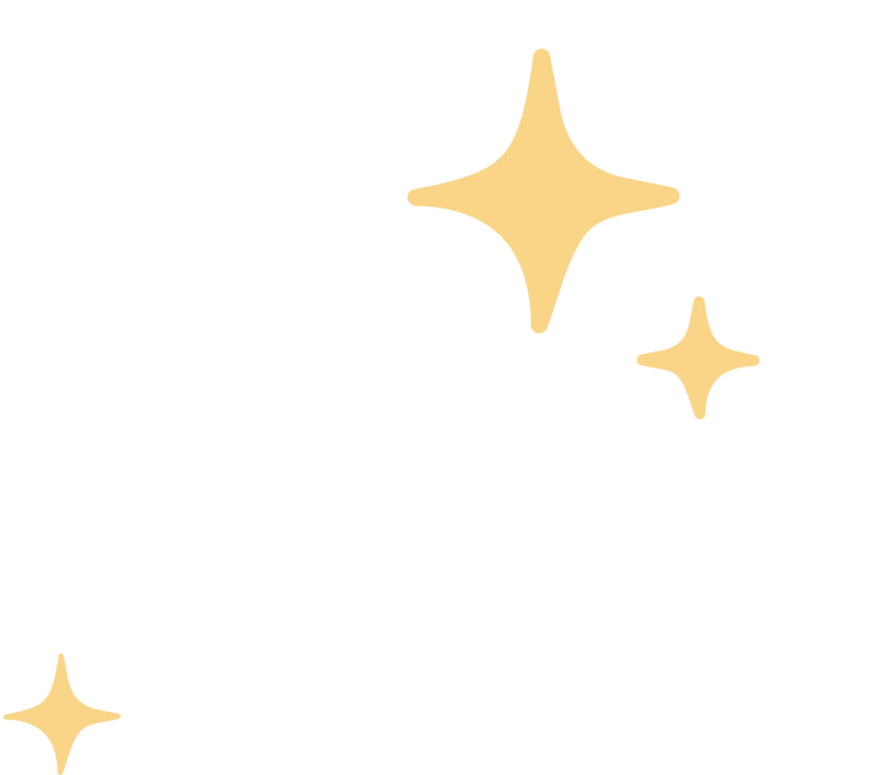 Illustration of a white crescent moon opening to the left surrounded by three yellow stars.