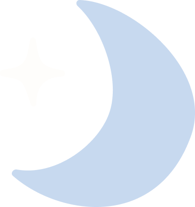 Illustration of a white star to the left of a blue crescent moon.