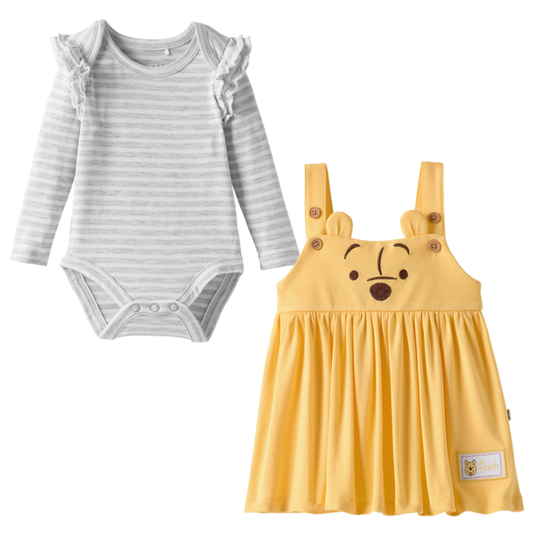 Light Heather Gray Stripe Flutter Bodysuit and Winnie The Pooh Overall Dress