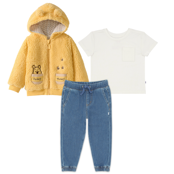 Winnie The Pooh Sherpa Zip Hoodie, Soft White Relaxed Pocket Tee, and Midwash Blue Denim Jogger