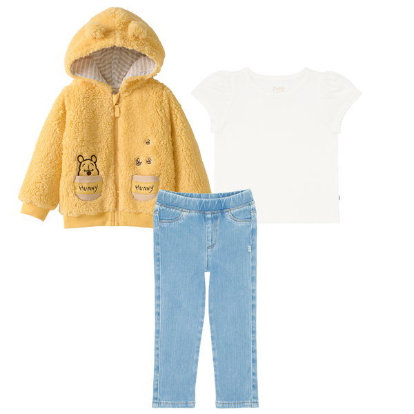 Winnie The Pooh Sherpa Zip Hoodie, Soft White Puff Sleeve Tee, and Light Blue Denim Jegging