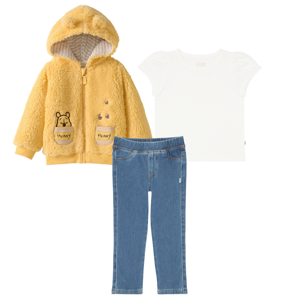 Winnie The Pooh Sherpa Zip Hoodie, Soft White Puff Sleeve Tee, and Midwash Blue Denim Jegging