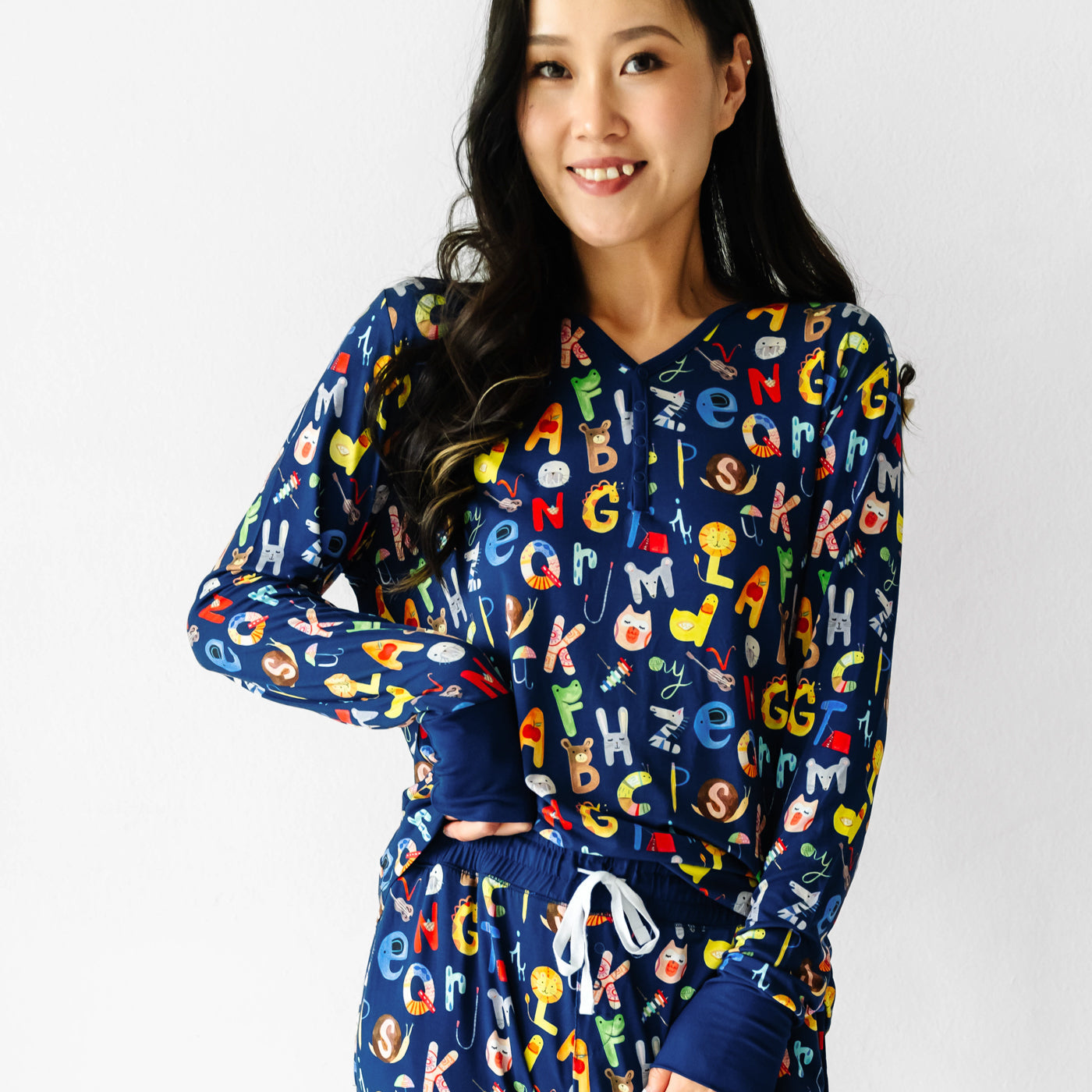 Women's LS PJ Tops - Navy Alphabet Friends Women's Pajama Top