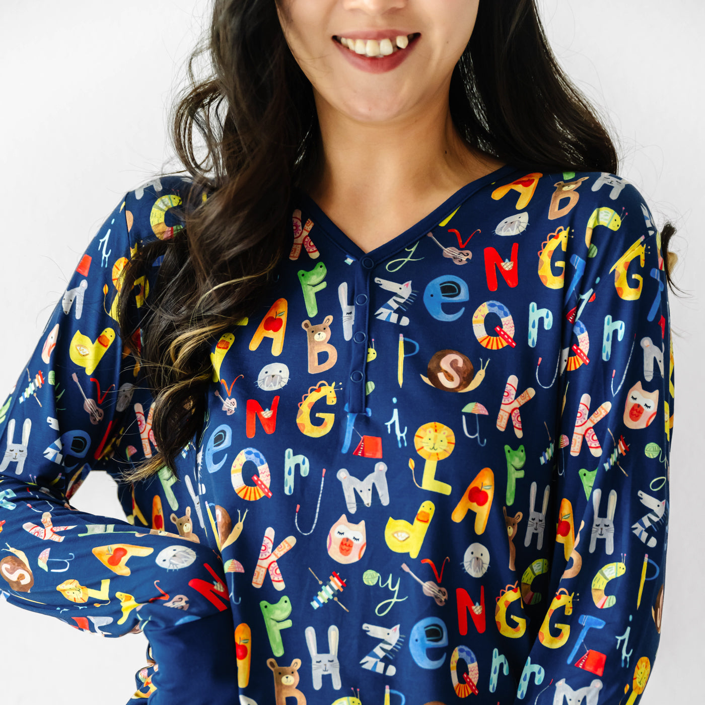 Women's LS PJ Tops - Navy Alphabet Friends Women's Pajama Top