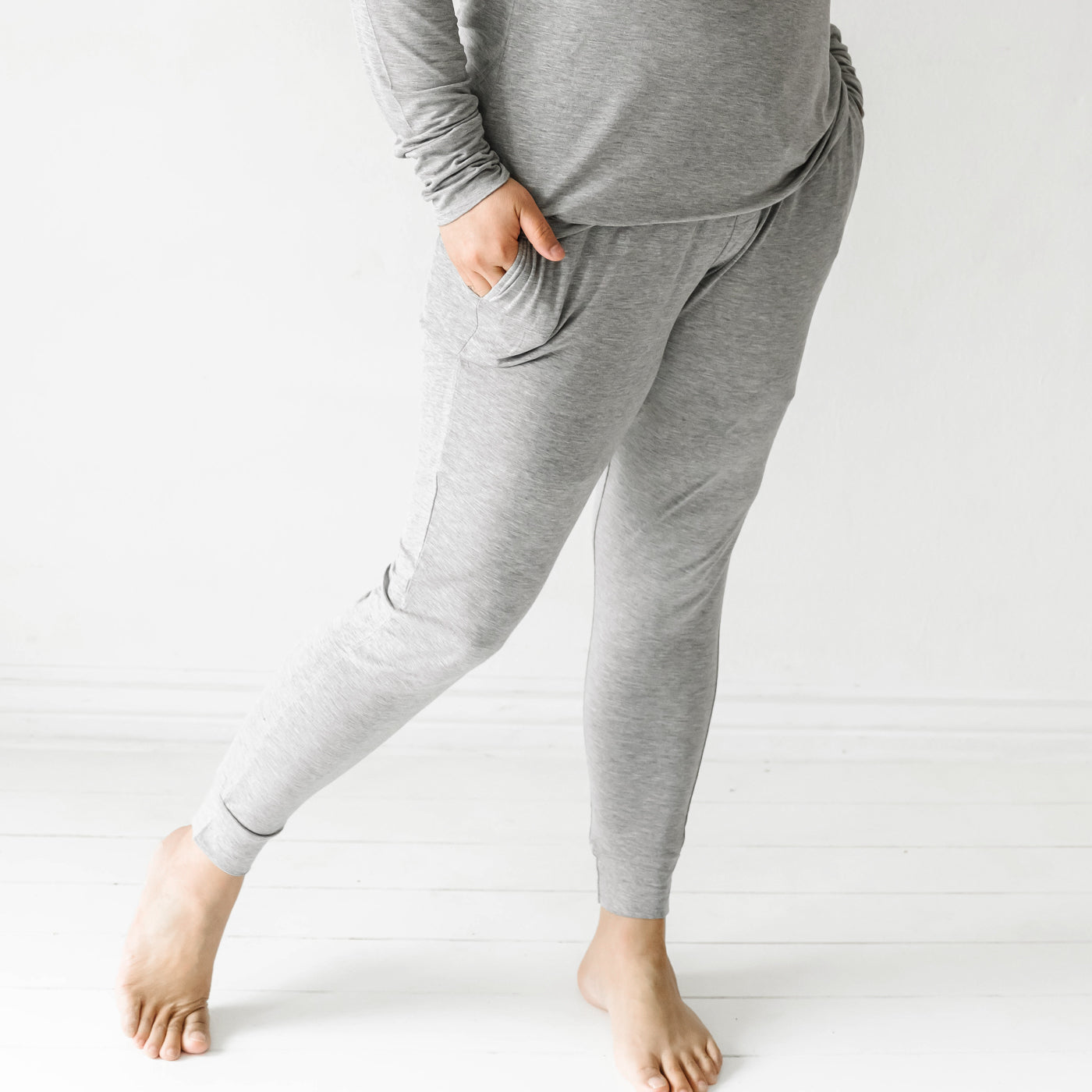 Woman wearing the Heather Gray Women's Pajama Pants