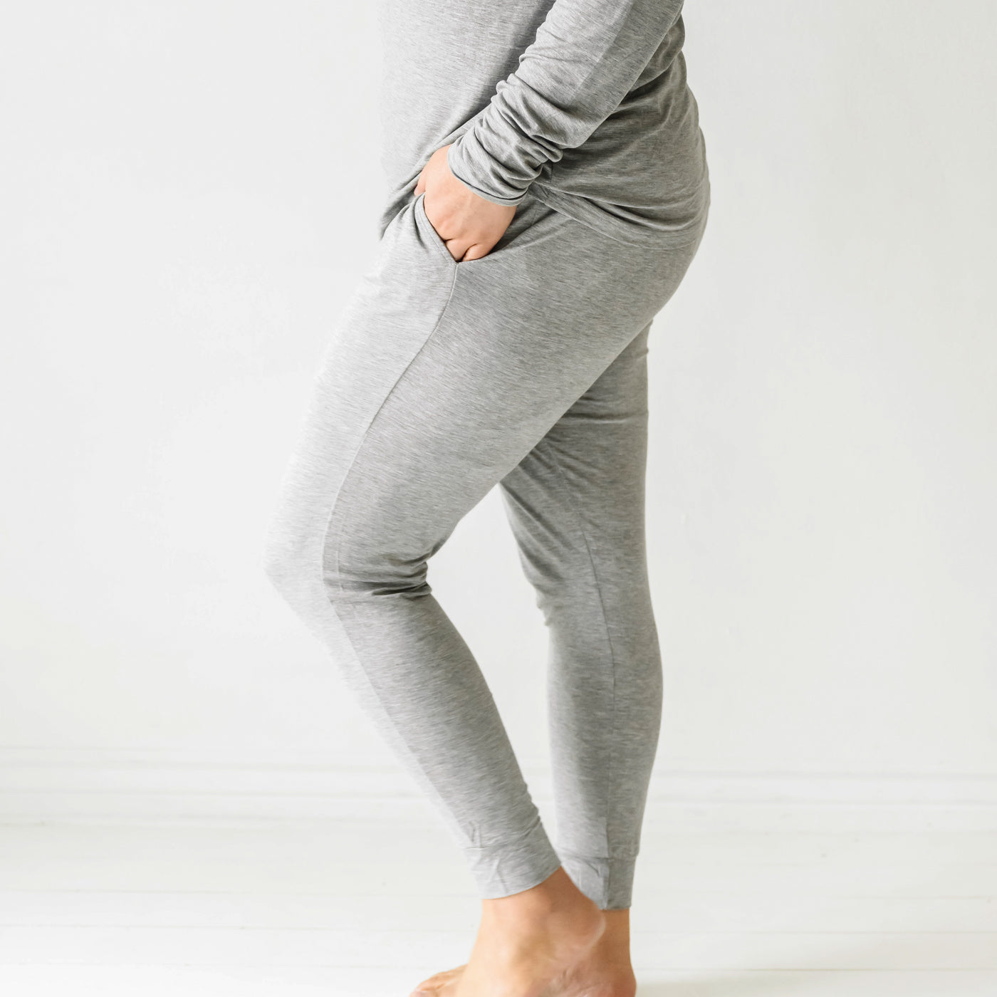 Side view of woman in the Heather Gray Women's Pajama Pants