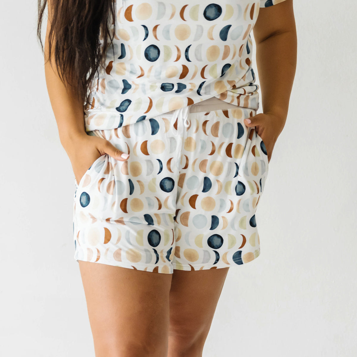 Alternate close up image of a woman wearing Luna Neutral pj shorts