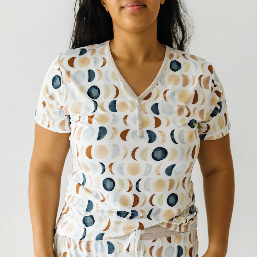 Close up image of a woman wearing a Luna Neutral women's short sleeve pajama top