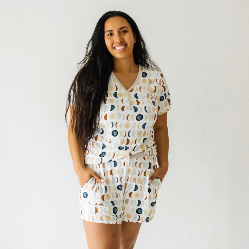 alternate image of a woman wearing a Luna Neutral women's short sleeve pajama top paired with matching women's pj shorts
