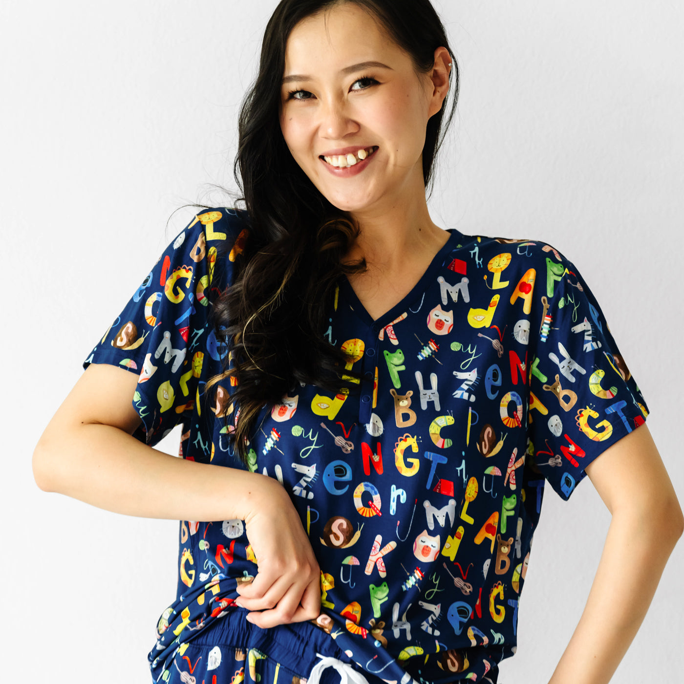 Women's SS PJ Tops - Navy Alphabet Friends Women's Short Sleeve Pajama Top