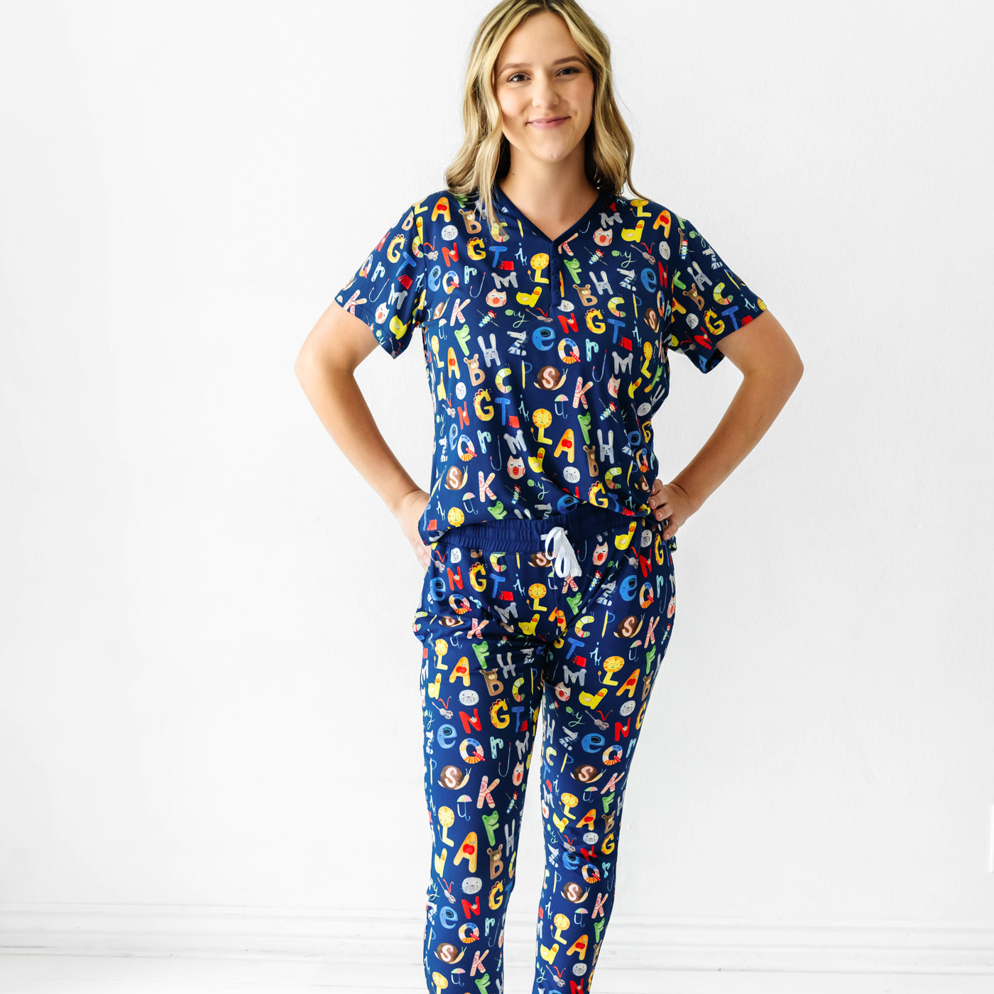 Women's SS PJ Tops - Navy Alphabet Friends Women's Short Sleeve Pajama Top