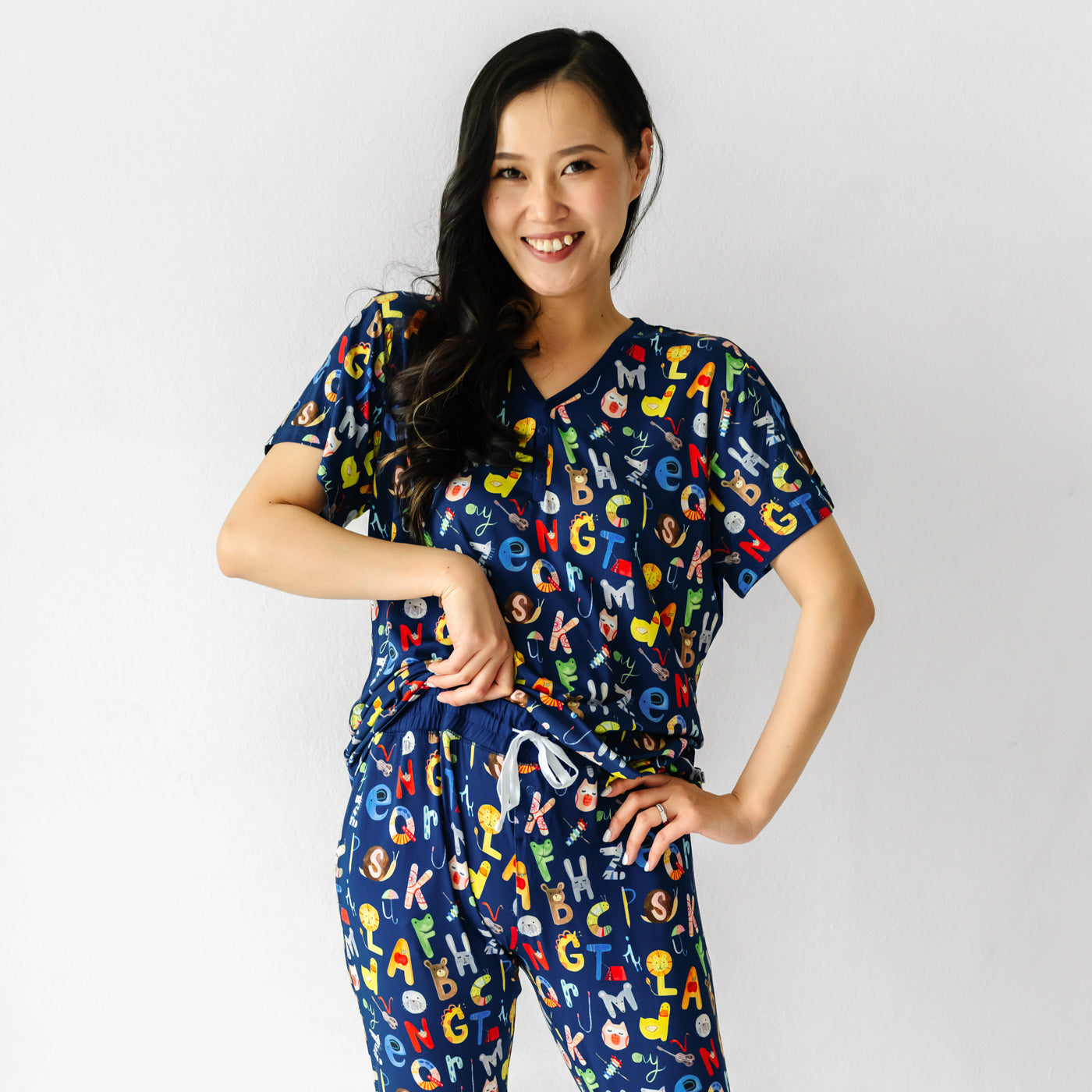 Women's SS PJ Tops - Navy Alphabet Friends Women's Short Sleeve Pajama Top