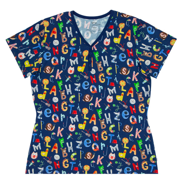 Women's SS PJ Tops - Navy Alphabet Friends Women's Short Sleeve Pajama Top