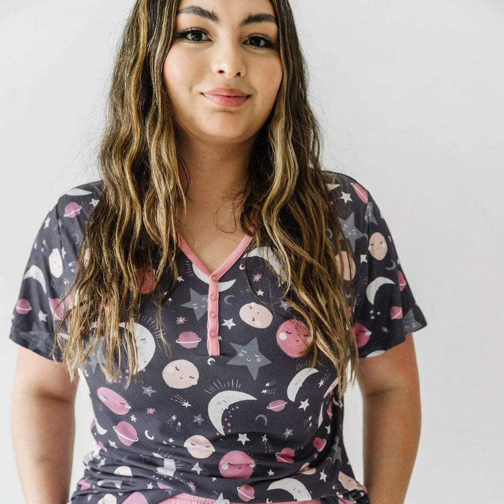Click to see full screen - Women's SS PJ Tops - Pink To The Moon & Back Women's Short Sleeve Pajama Top
