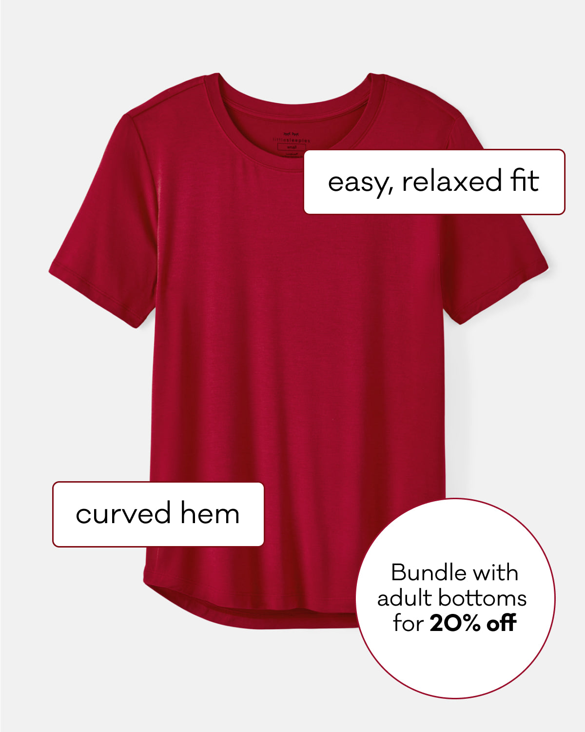 A red short-sleeve crewneck t-shirt with text overlays highlighting its features: 'easy, relaxed fit', 'curved hem', and a promotional badge 'Bundle with adult bottoms for 20% off'.
