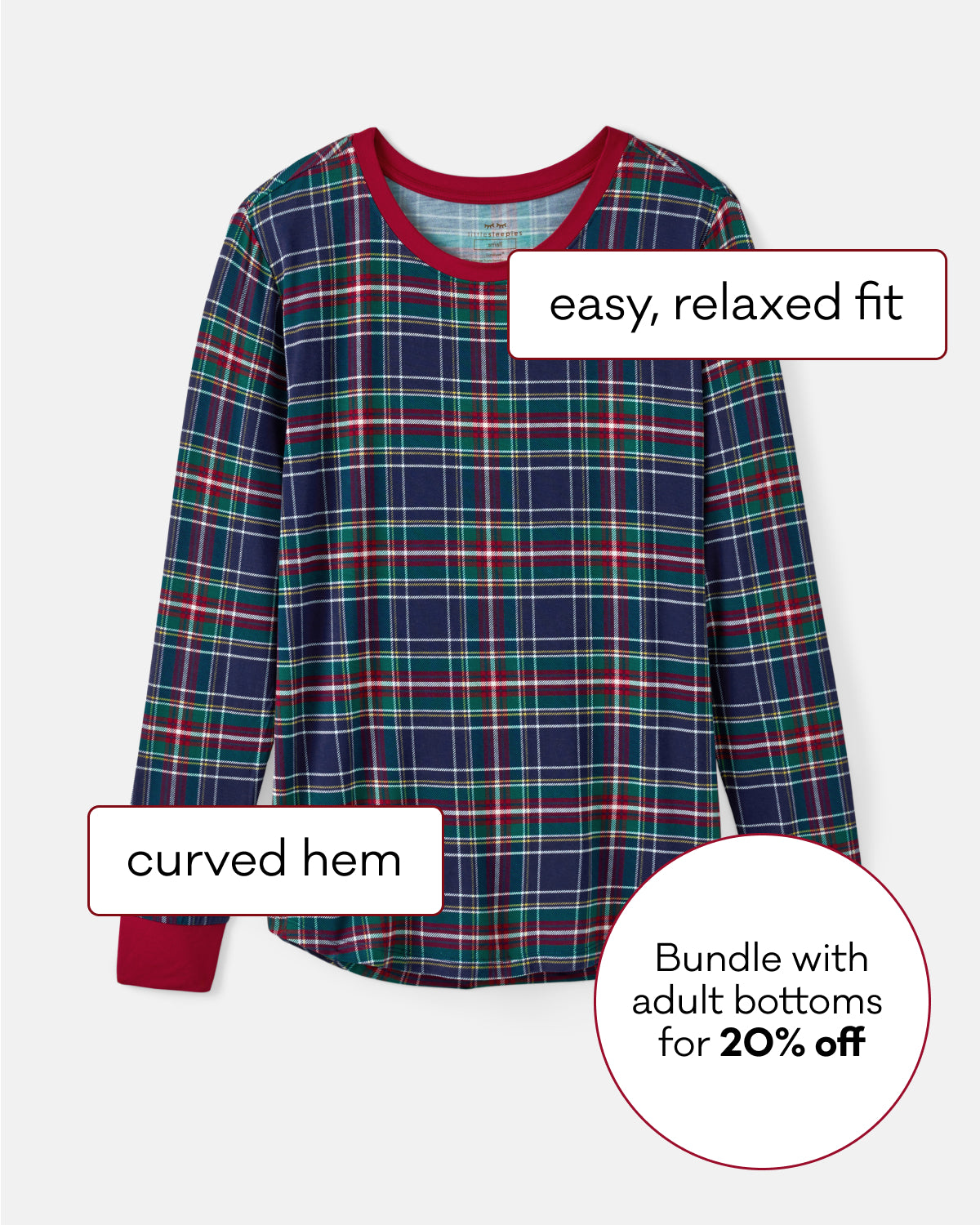 A long-sleeve plaid pajama top shown on a light gray background with feature callouts: 'easy, relaxed fit,' 'curved hem,' and a sale badge reading 'Bundle with adult bottoms for 20% off.' 