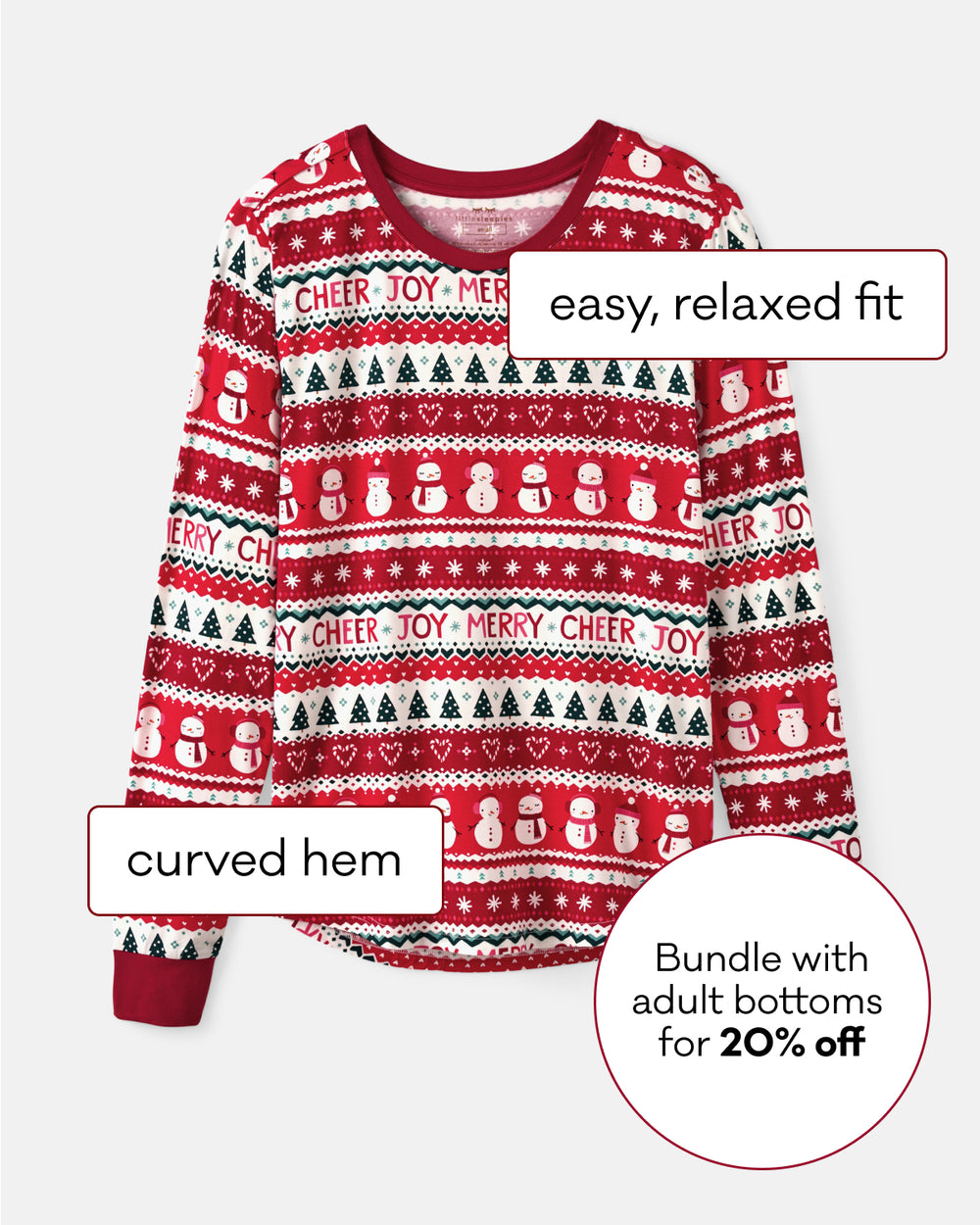A festive red & white pajama top with snowman and Christmas tree patterns, featuring text overlays highlighting its curved hem, easy fit, and a promotional offer.