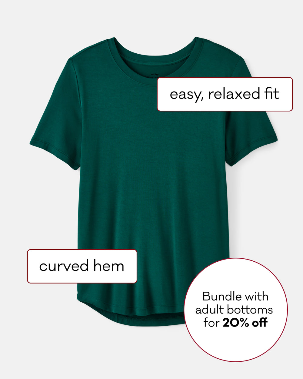 A dark green short-sleeve t-shirt with a relaxed fit and curved hem, shown on a light gray background with text callouts describing its features and a promotional offer.