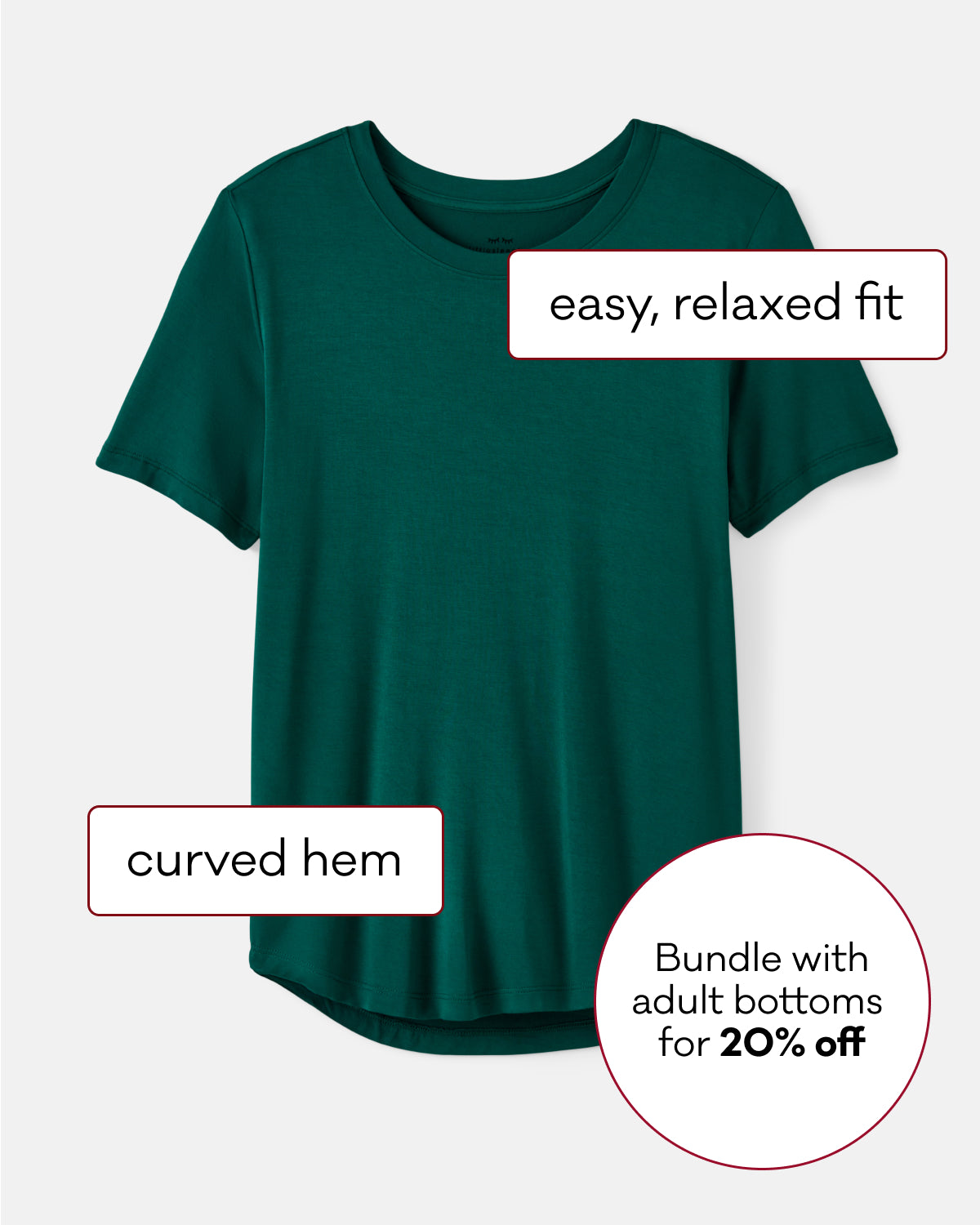 A dark green short-sleeve t-shirt with a relaxed fit and curved hem, shown on a light gray background with text callouts describing its features and a promotional offer.