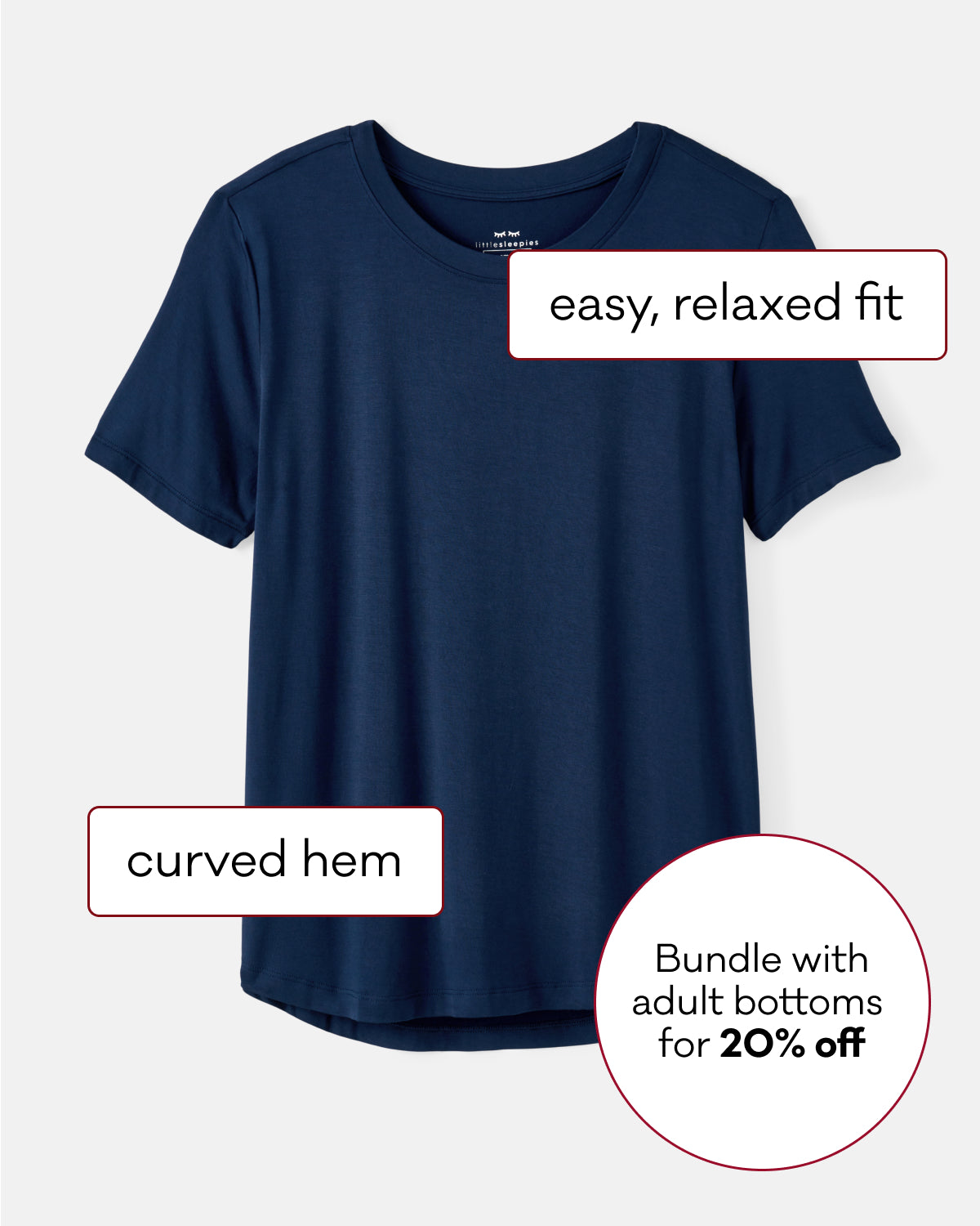 A navy blue short-sleeve t-shirt with a relaxed fit and curved hem, shown on a light gray background with text overlays describing its features and a bundle offer.