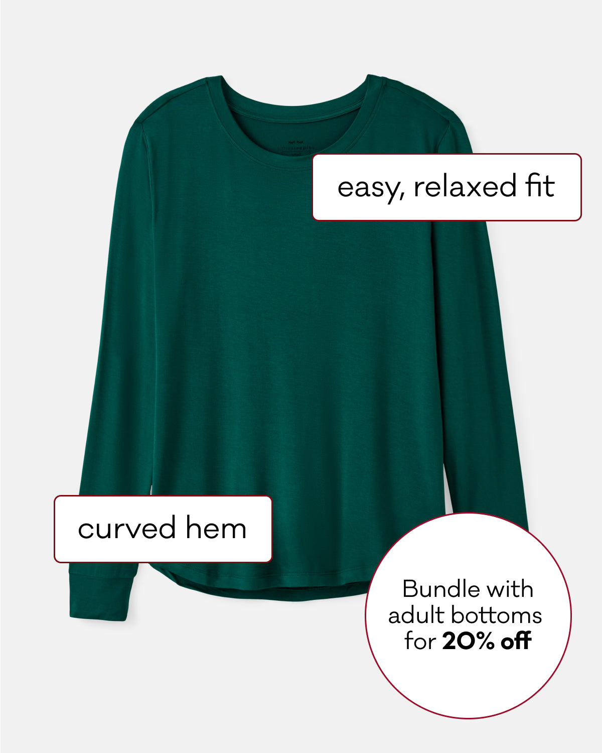 A dark green long-sleeve top with a relaxed fit and curved hem, shown on a light gray background with text callouts describing the fit and a sale offer.