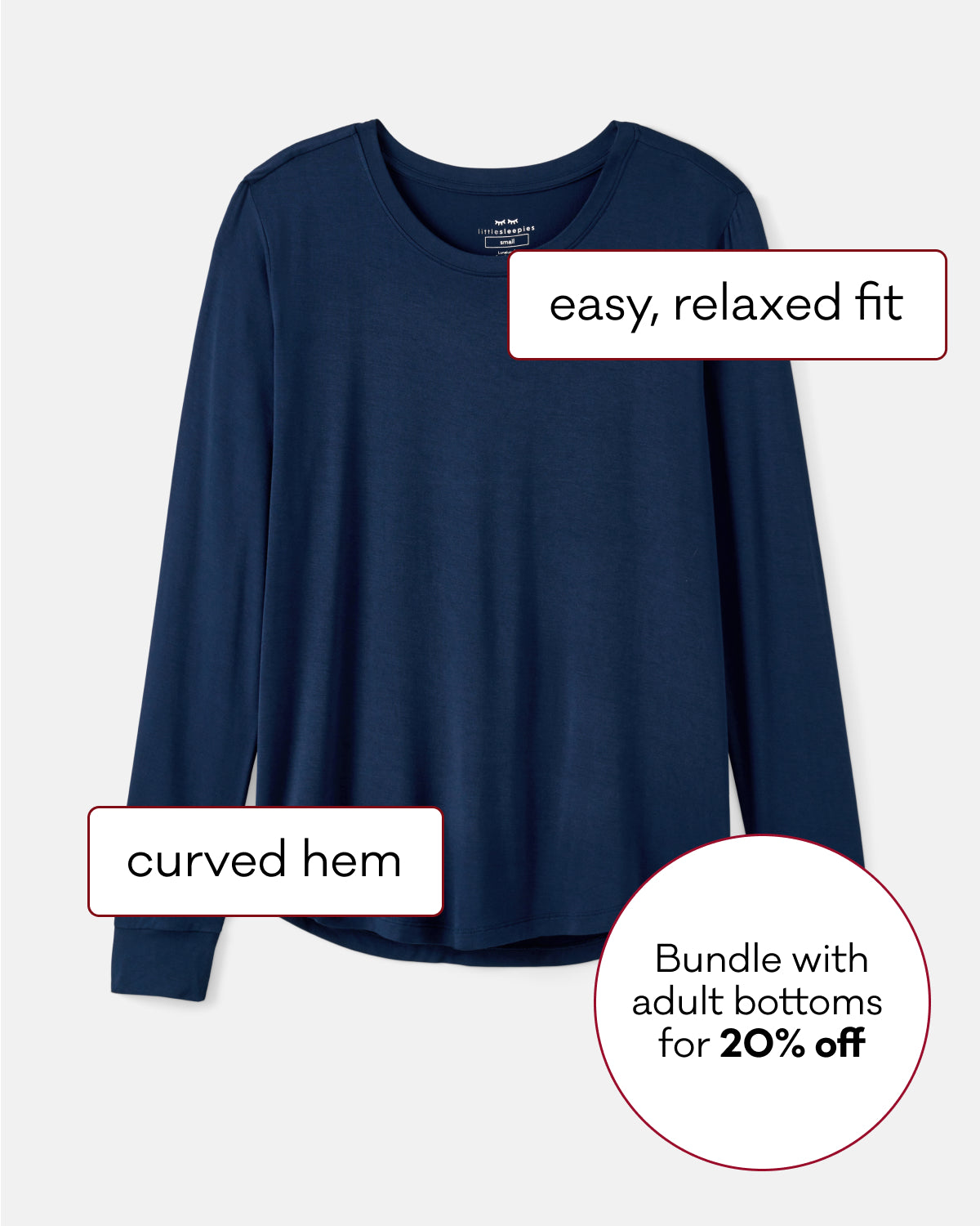 A navy blue long-sleeve top with a relaxed fit and curved hem, shown on a light gray background with text callouts describing its fit and a promotional offer.