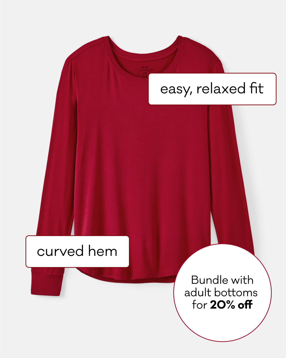 A long-sleeve red top with text callouts indicating an easy, relaxed fit, curved hem, and a bundle offer with adult bottoms for 20% off, shown on a light gray background.