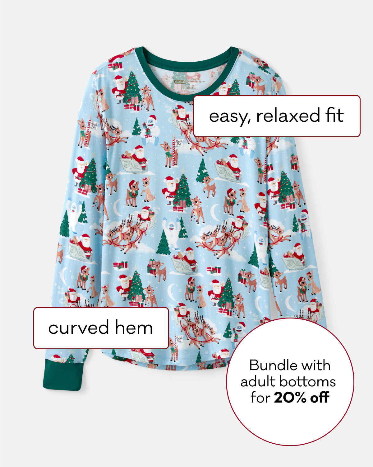 A light blue long-sleeve pajama top with a Rudolph print featuring Santa Claus, reindeer, trees, and sleighs, shown on a light gray background with text callouts describing features and a bundle offer.