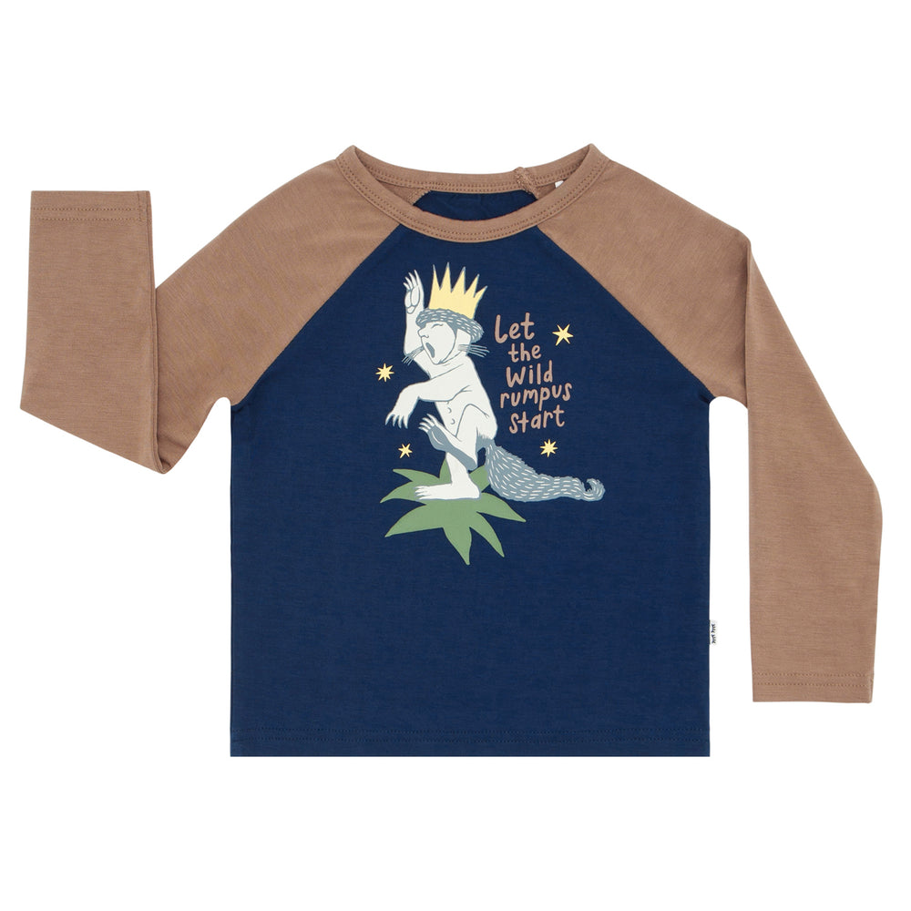 Flat lay image of a Where the Wild Things Are graphic raglan tee