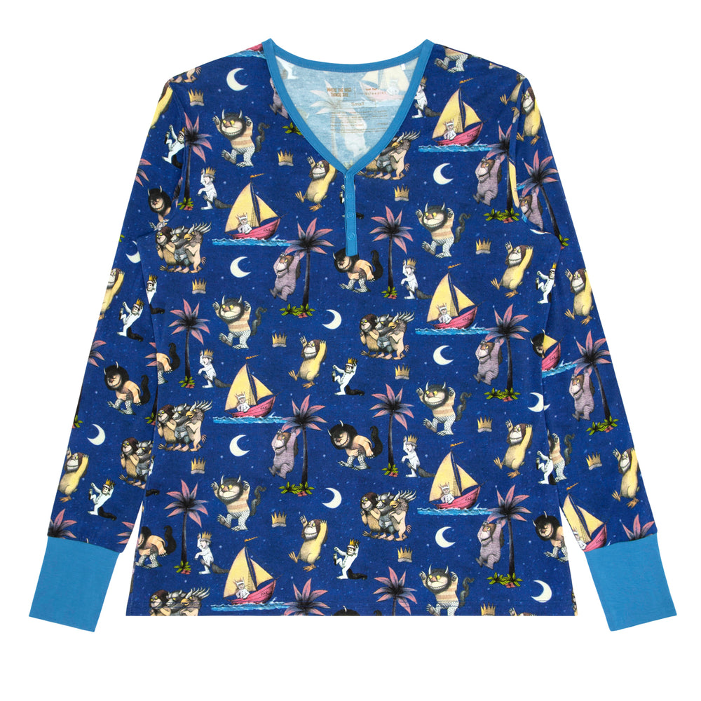 Flat lay image of a women's Where the Wild Things Are pajama top
