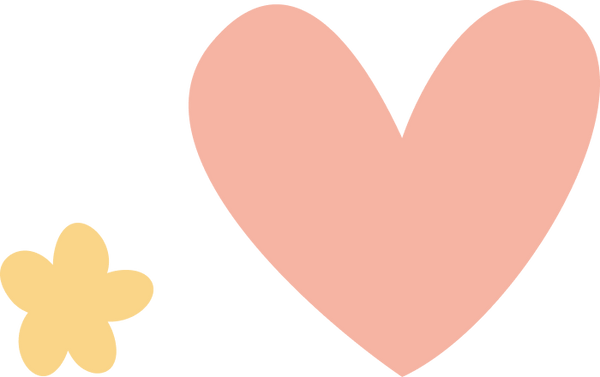Pink heart and yellow flower shapes on a white background