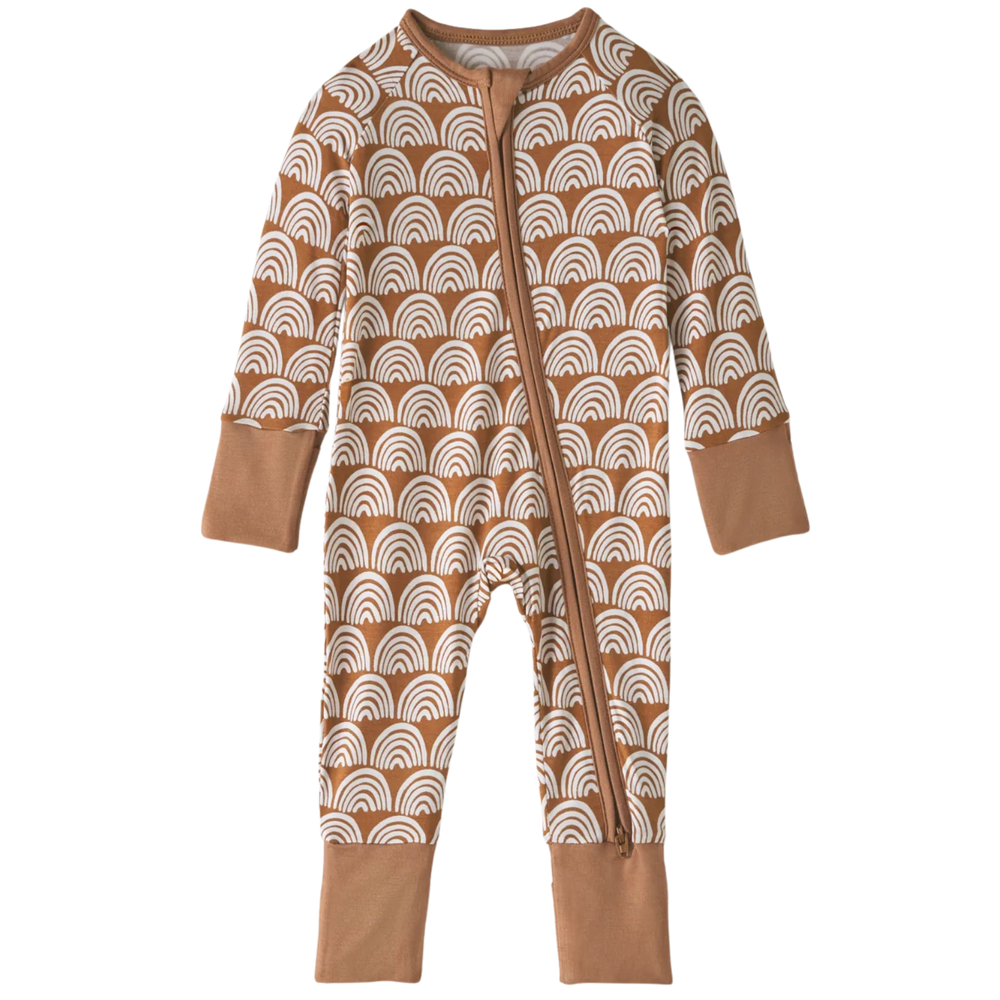 A baby long-sleeve footed one-piece sleeper with a brown and white repeating arch pattern, a front zipper, and solid brown cuffs and leg cuffs, shown on a plain white background.