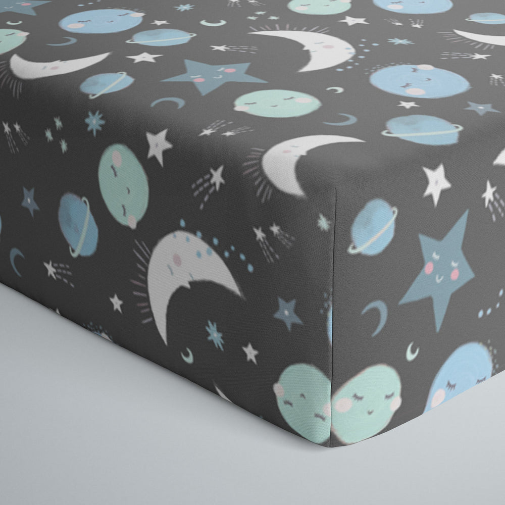 Click to see full screen - Crib Sheet - Blue To The Moon And Back Fitted Crib Sheet