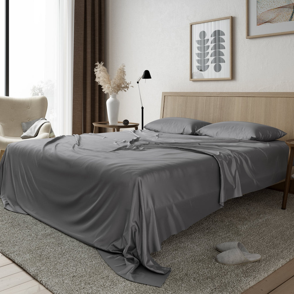 Wide angle view of LS Home Bamboo Sheet Set in Stone