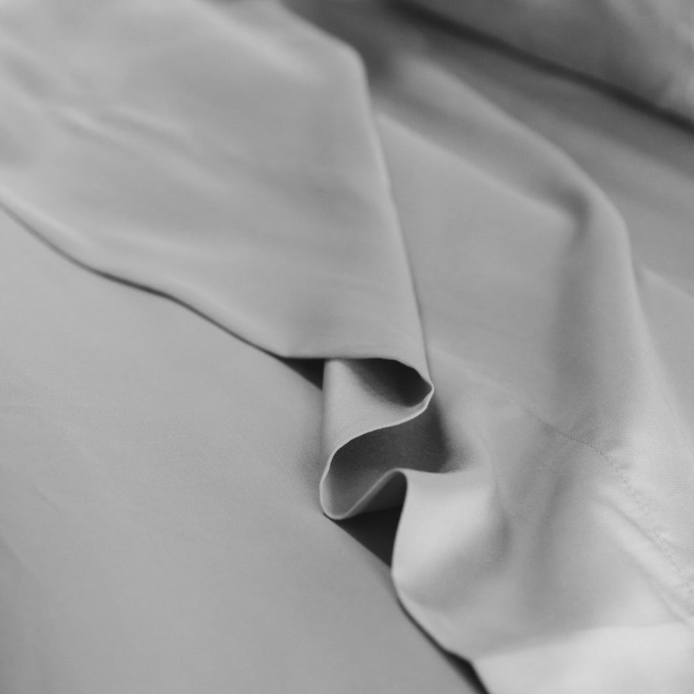 Detailed close up of LS Home's Bamboo Sheet Set in Silver