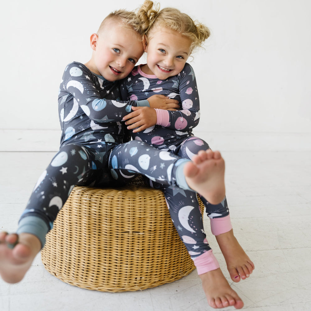 Click to see full screen - LS/P PJ Set - Blue To The Moon & Back Two-Piece Bamboo Viscose Pajama Set
