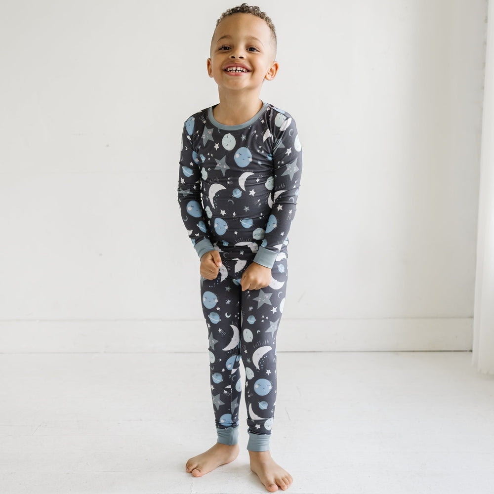 Click to see full screen - LS/P PJ Set - Blue To The Moon & Back Two-Piece Bamboo Viscose Pajama Set