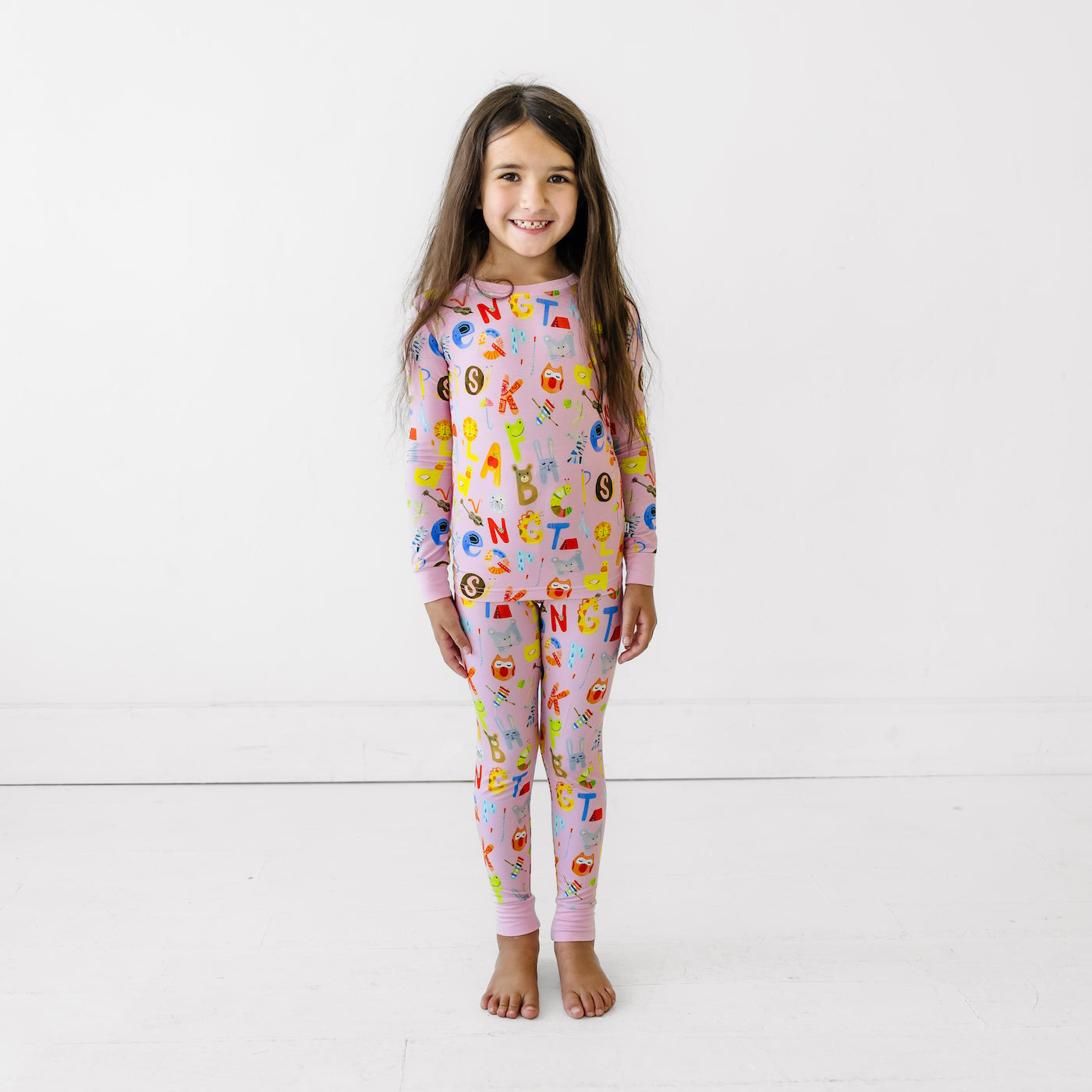 LS/P PJ Set - Pink Alphabet Friends Two-Piece Bamboo Viscose Pajama Set