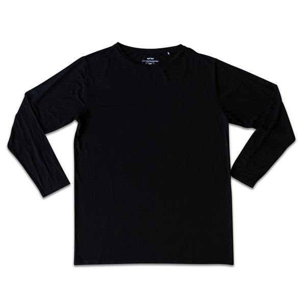 Flat lay image of men's long sleeve pajama top in solid black. 