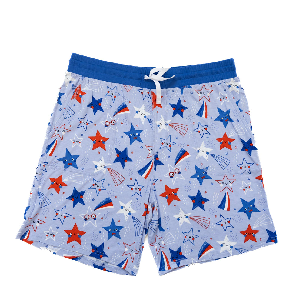 Flat lay image of Blue Stars and Stripes printed men's pajama shorts