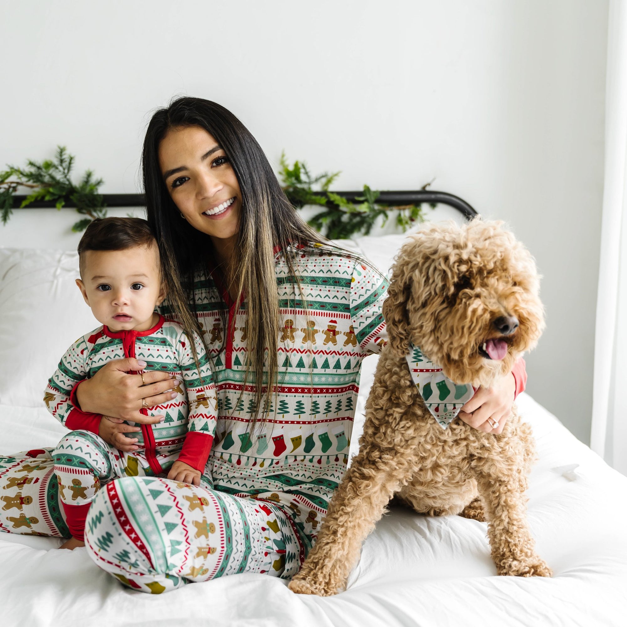 Family matching Fair Isle pajamas in women's and children's styles paired with matching dog in Fair Isle pet bandana