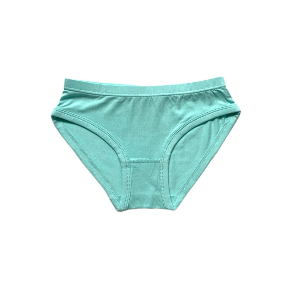 Flat lay image of girls brief underwear in solid aquamarine