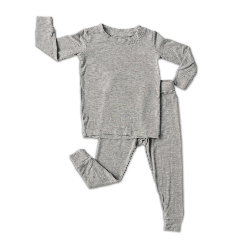 Click to see full screen - Flat lay photo of two-piece pajama set in heather gray.