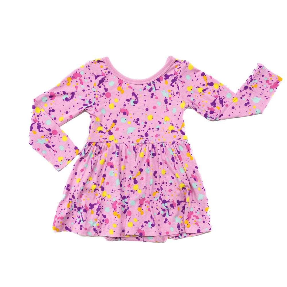 Play Dress With Bodysuit - Pink Paint Party Long Sleeve Twirl Dress With Bodysuit