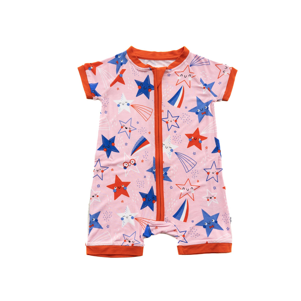 Flat lay image of a  Pink Stars and Stripes printed shorty romper