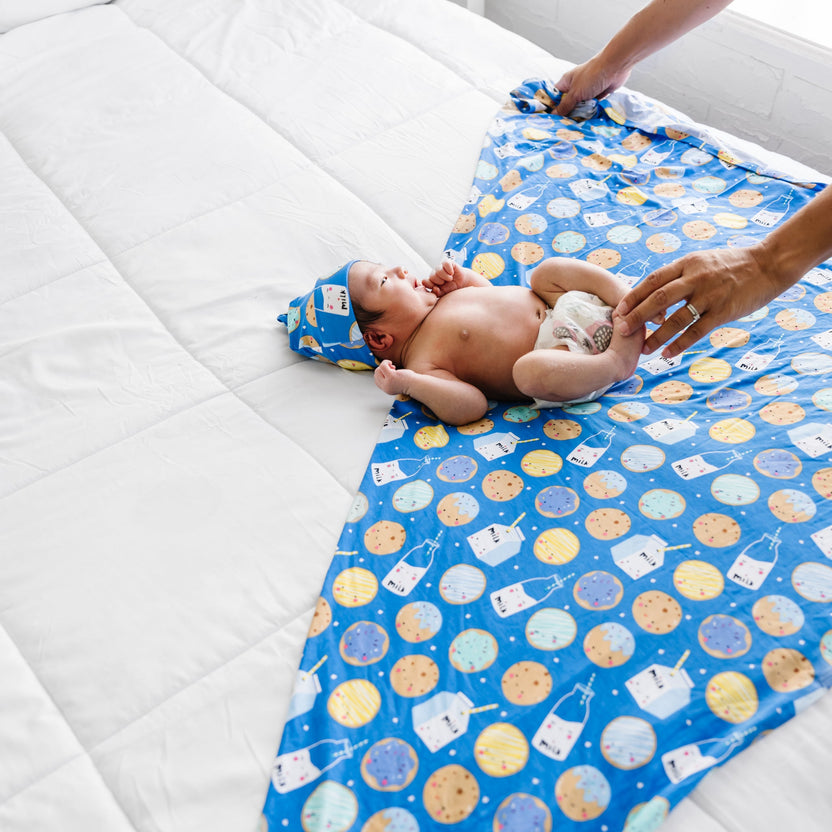 Blue Cookies & Milk Swaddle + Hat Set Little Sleepies
